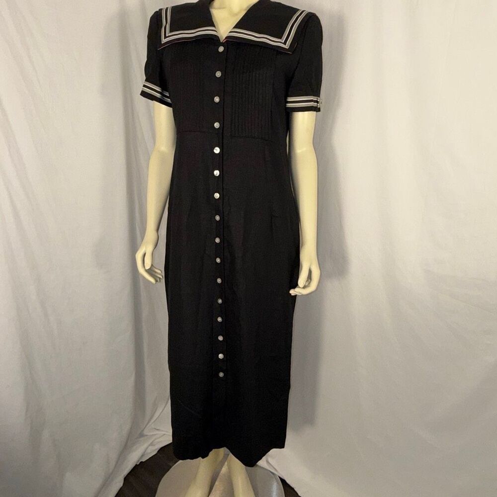 Vintage 90s Jessica Howard Petite Black Linen Blend Sailor Midi Dress Nautical P - Picture 12 of 16